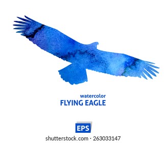 Watercolor template of flying blue big eagle