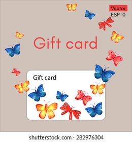 Watercolor template for GIFT CARD with separate card decorated with shopping bags. Vector illustration. Design for shops. Bonus program for the customer.