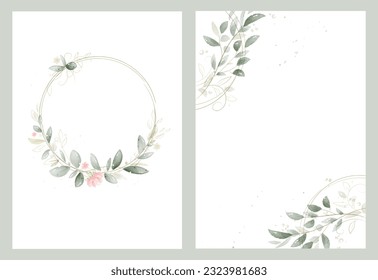 watercolor template for invitation, congratulations from two sheets - a cute wreath of green and gold leaves and pink flowers and a page with pattern-filled corners