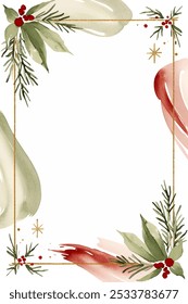 Watercolor template with splashes, branches, berries and blank space. Christmas card. Winter background 