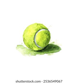 Bola de tenis de acuarela con sombra verde. Diseño de Ilustración vectorial.