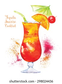 Cocktail de color agua Tequila Sunrise en vidrio con trozo de naranja aislado en fondo blanco. Ilustración vectorial.