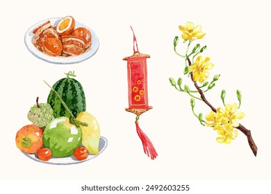 Watercolor Tet food and decoration elements collection