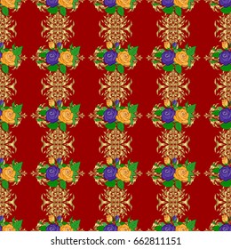 Watercolor textile print for bed linen, jacket, package design, fabric and fashion concepts. Vector seamless pattern with rose flowers, gold and green leaves on a red background. Floral background.