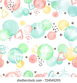 Watercolor texture. Aquarelle circles in fansy colors. Seamless pattern. Watercolor circles with dry brush hearts isolated on white background.
