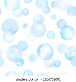 Watercolor texture. Aquarelle circles in pastel colors. Seamless pattern. Watercolor blue and golden spots isolated on white background.