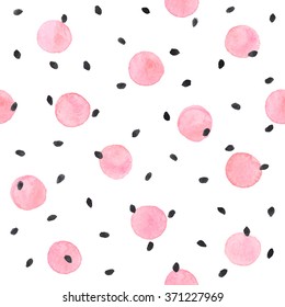 Watercolor texture. Aquarelle spots hand drawn with dry brush. Seamless pattern. Watercolor pattern with pink spots and black dots isolated on white background.