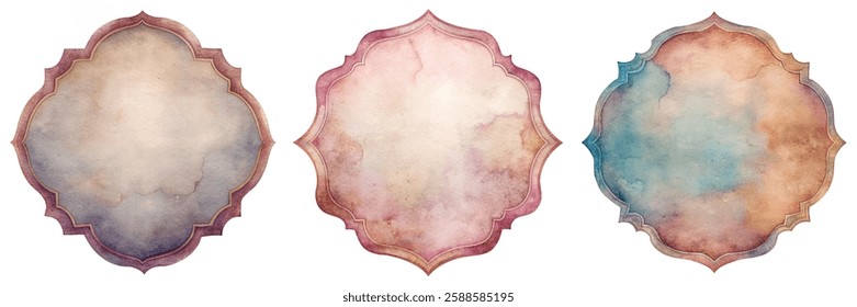 Watercolor texture backgrounds, soft pastel colors, ornate frames, artistic design elements, versatile for invitations.