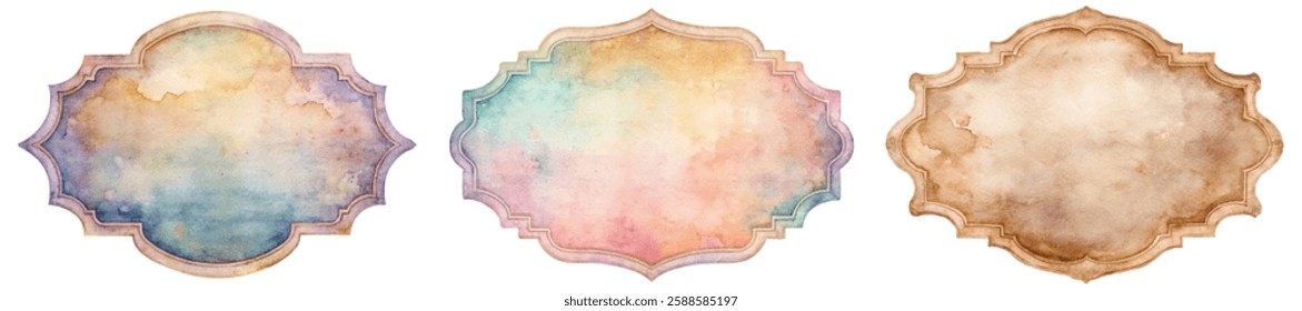 Watercolor texture backgrounds, soft pastel hues, decorative frames, artistic design elements, versatile for invitations.