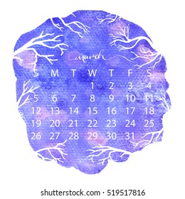 Watercolor texture calendar 2017. March handwritten calligraphy. Vector illustration with hand drawn doodle design elements (tree twigs, branches).