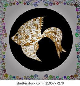 Watercolor texture fish pattern. Seamless. Vector illustration. White, black and beige.