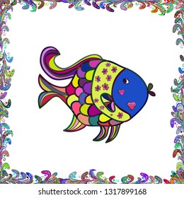 Watercolor texture fish pattern. Vector illustration. Green, blue and white. Seamless.