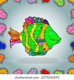 Watercolor texture fish pattern. Vector illustration. Seamless. Neutral, gray and green.
