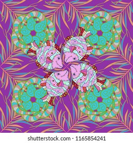 Watercolor texture fish pattern. Violet, blue and pink. Seamless. Vector illustration.