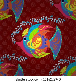Watercolor texture fish seamless pattern in red, blue and violet colors. Vector illustration.