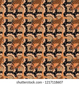 Watercolor texture fish seamless pattern in brown, black and beige colors. Vector illustration.