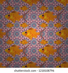 Watercolor texture fish seamless pattern in yellow, beige and blue colors. Vector illustration.