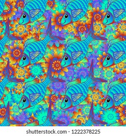 Watercolor texture fish seamless pattern in orange, blue and green colors. Vector illustration.
