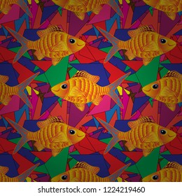 Watercolor texture fish seamless pattern in yellow, blue and orange colors. Vector illustration.