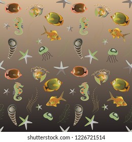 Watercolor texture fish seamless pattern in brown, beige and green colors. Vector illustration.