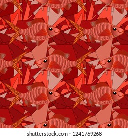 Watercolor texture fish seamless pattern in red, orange and pink colors. Vector illustration.