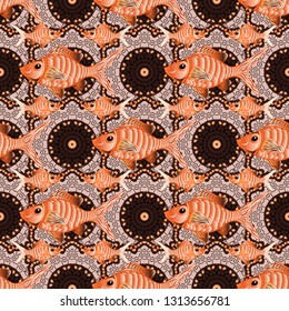 Watercolor texture fish seamless pattern in beige, brown and orange colors. Vector illustration.