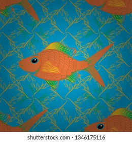 Watercolor texture fish seamless pattern in blue, yellow and orange colors. Vector illustration.