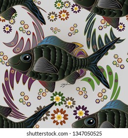 Watercolor texture fish seamless pattern in gray, brown and black colors. Vector illustration.