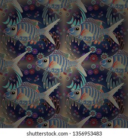 Watercolor texture fish seamless pattern in blue, brown and gray colors. Vector illustration.