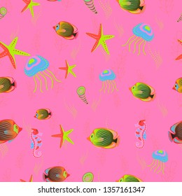 Watercolor texture fish seamless pattern in pink, green and blue colors. Vector illustration.
