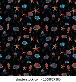 Watercolor texture fish seamless pattern in blue, black and red colors. Vector illustration.