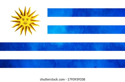 Watercolor texture flag of Uruguay. Creative grunge flag of Uruguay country with shining background