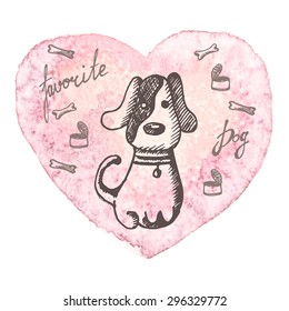 watercolor texture heart with cartoon doodle dog. colorful hand drawn background