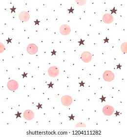 Watercolor texture in pastel colors. Hand drawn seamless abstract background for print on fabric or wrapping paper. Watercolor spots with black stars and dots isolated on white background.