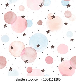 Watercolor texture in pastel colors. Hand drawn seamless abstract background for print on fabric or wrapping paper. Watercolor spots with black stars and dots isolated on white background.