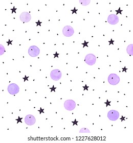 Watercolor texture in pastel colors. Hand drawn seamless abstract background for print on fabric or wrapping paper. Watercolor spots with black stars and dots isolated on white background.