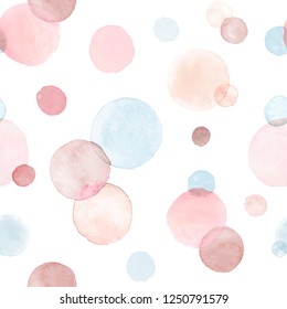 Watercolor texture in pastel colors. Hand drawn seamless abstract background for print on fabric or wrapping paper. Watercolor spots and dots isolated on white background.