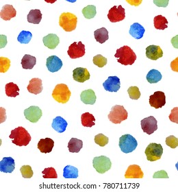 Watercolor texture. Seamless pattern. Aquarelle circles. Watercolor red, orange, green, blue and yellow spots isolated on white background.