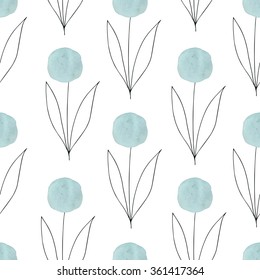 Watercolor texture. Seamless pattern. Watercolor  circles in pastel colors with handdrawn flowers, branches, floral elements on white background. Pastel colors and romantic delicate design. 