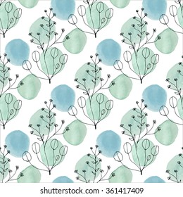 Watercolor texture. Seamless pattern. Watercolor  circles in pastel colors with handdrawn flowers, branches, floral elements on white background. Pastel colors and romantic delicate design. 