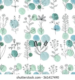 Watercolor texture. Seamless pattern. Watercolor  circles in pastel colors with handdrawn flowers, branches, floral elements on white background. Pastel colors and romantic delicate design. 