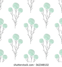 Watercolor texture. Seamless pattern. Watercolor  circles in pastel colors with handdrawn flowers, branches, floral elements on white background. Fresh mint colors and romantic delicate design. 