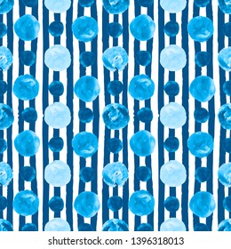 Watercolor texture. Watercolor seamless pattern with hand drawn stripes and blue circles. Design for textile, decor, scrapbooking, wrapping paper, wed, invitation, brochure.