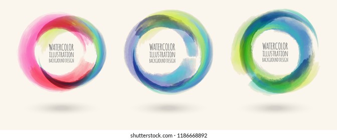 Watercolor texture set.Three Ink round stroke on white background. Simple style. Vector illustration of grunge circle stains.