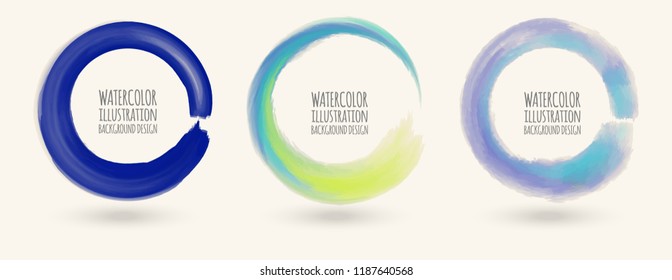 Watercolor texture set.Three Ink round stroke on white background. Simple style. Vector illustration of grunge circle stains.