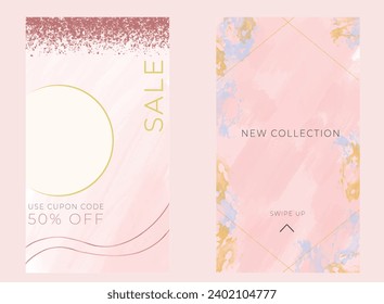 Watercolor Texture Social media sale Instagram story banners and web ads templates set. Vector illustrations for website and mobile banners, print material, newsletter designs, coupons, marketing.