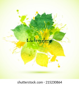 Watercolor texture and splashes green vector leaves banner