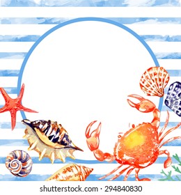 Watercolor texture. Vector background. Frame. Background with seashells and crab. Isolated elements for easy use.