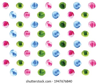 Watercolor texture vector green, pink, blue circles, spots modern polka dot pattern