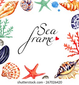 Watercolor texture. Vector sea frame. Background with seashells. 